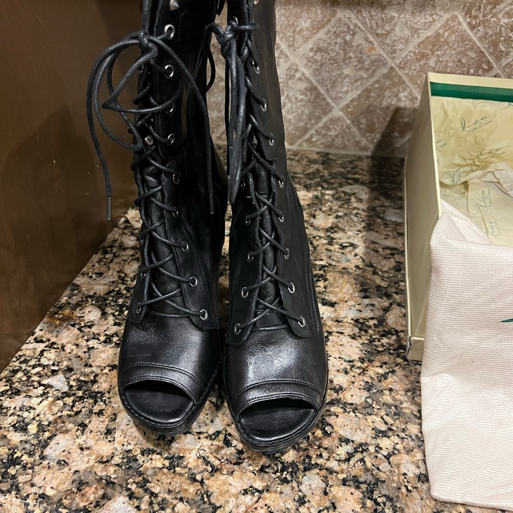 Donald J. Pliner Black Lace-Up Peep Toe Boots